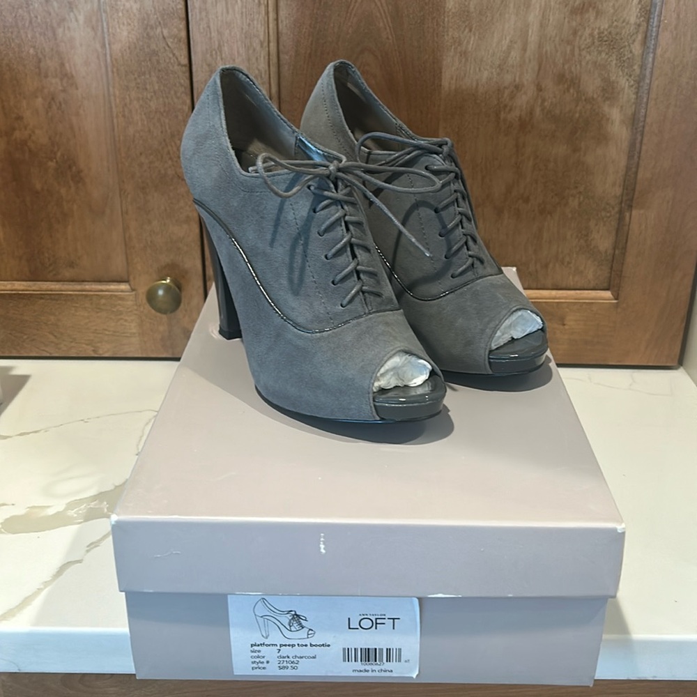 Platform Peep Toe Suede Booties, size 7. Only worn once, in excellent condition.